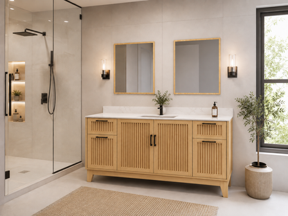 72″ Single Sink Bathroom Vanity (Fluted Oak Plywood) with Six Drawers / Free Standing Bathroom Cabinet