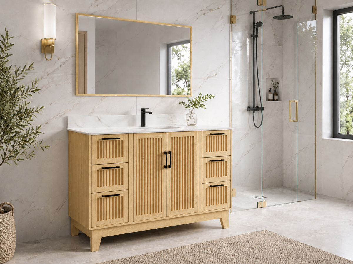54″ Bathroom Vanity (Fluted Oak Plywood) with Four Drawers / Free Standing Bathroom Cabinet
