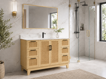 54″ Bathroom Vanity (Fluted Oak Plywood) with Four Drawers / Free Standing Bathroom Cabinet