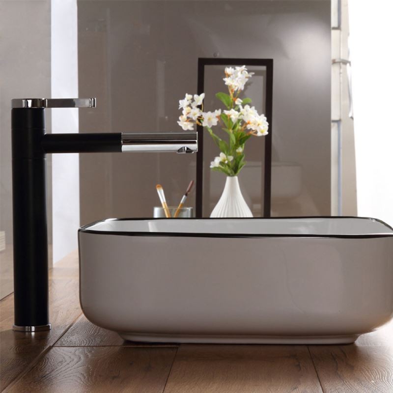 Square Ceramic Vessel Sink – White with Black Rim