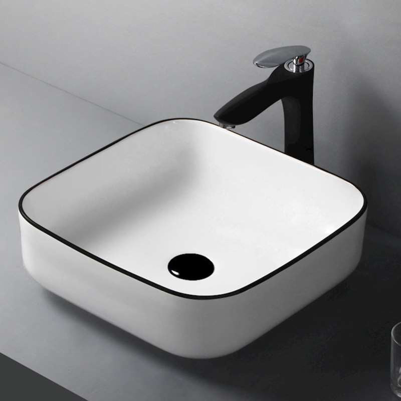 Square Ceramic Vessel Sink – White with Black Rim