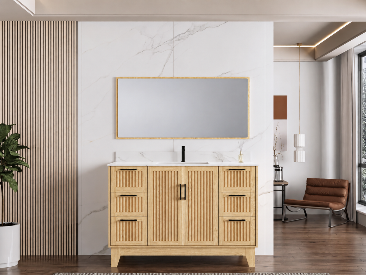 54″ Bathroom Vanity (Fluted Oak Plywood) with Four Drawers / Free Standing Bathroom Cabinet