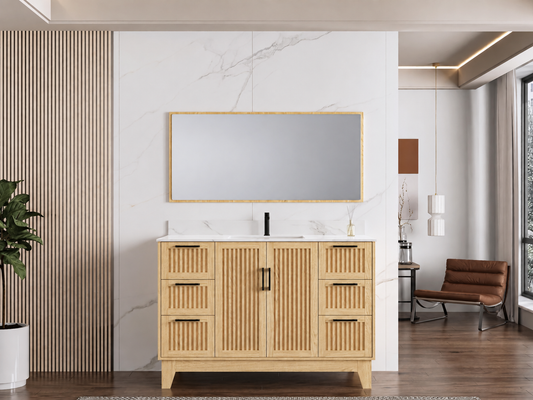 54″ Bathroom Vanity (Fluted Oak Plywood) with Four Drawers / Free Standing Bathroom Cabinet