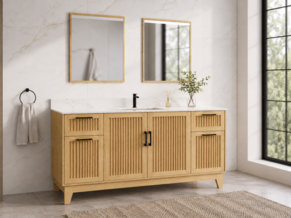 72″ Single Sink Bathroom Vanity (Fluted Oak Plywood) with Six Drawers / Free Standing Bathroom Cabinet