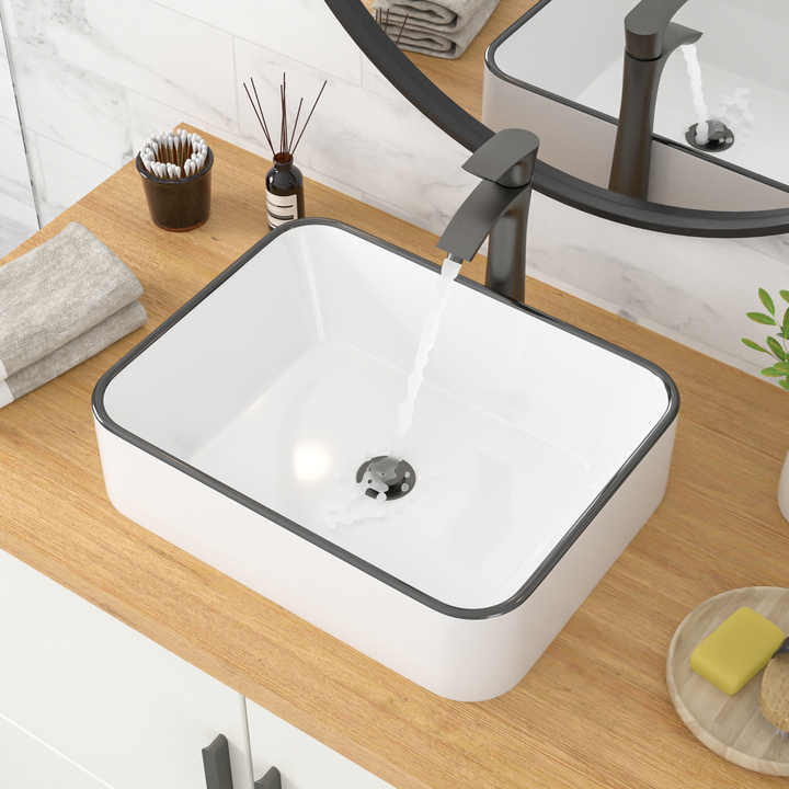 Rectangular Ceramic Vessel Sink – White with Black Trim