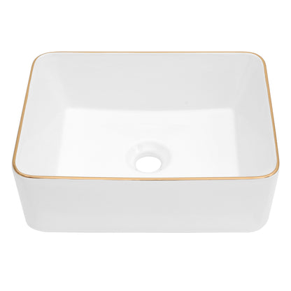 Rectangular Ceramic Vessel Sink – White with Gold Trim
