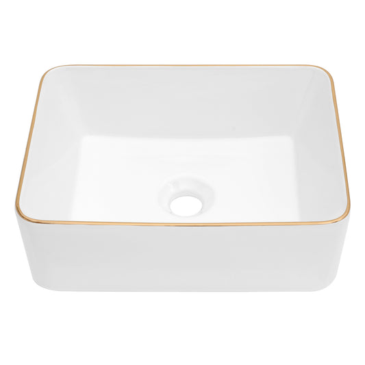 Rectangular Ceramic Vessel Sink – White with Gold Trim