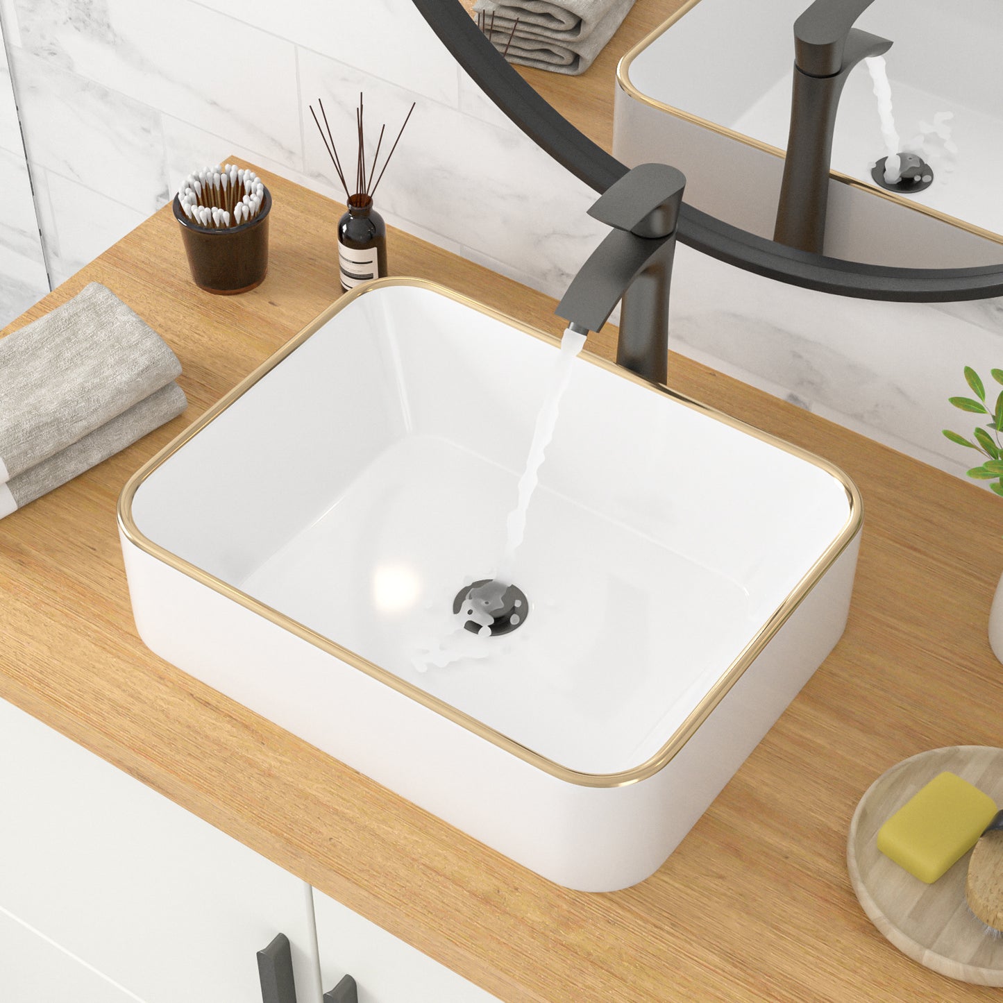 Rectangular Ceramic Vessel Sink – White with Gold Trim