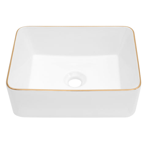 Rectangular Ceramic Vessel Sink – White with Gold Trim 8032WG