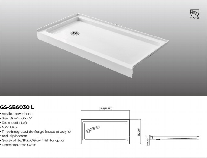 60×30 inch Left Drain Acrylic Shower Base