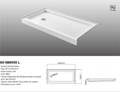 60×30 inch Left Drain Acrylic Shower Base