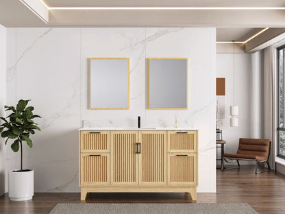 60″ Single Sink Bathroom Vanity (Fluted Oak Plywood) with Four Drawers / Free Standing Bathroom Cabinet