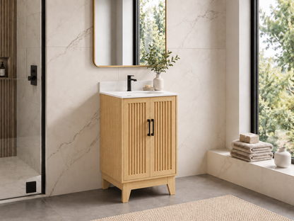 24″ Bathroom Vanity (Fluted Oak Plywood). Double Doors. Free Standing Bathroom Cabinet