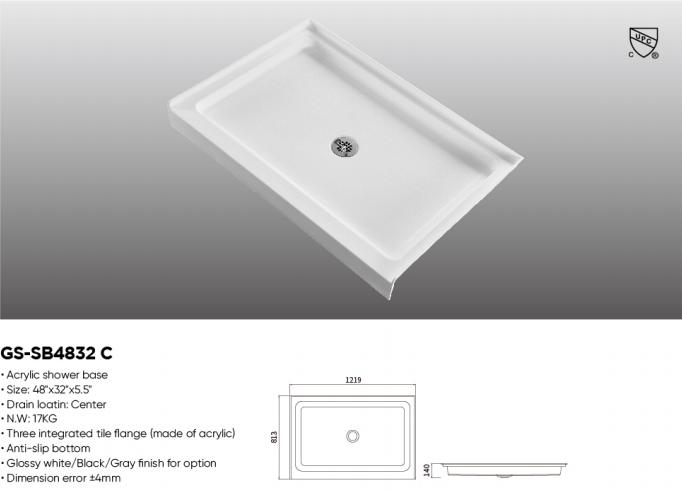 48×32 inch Central Drain Acrylic Shower Base