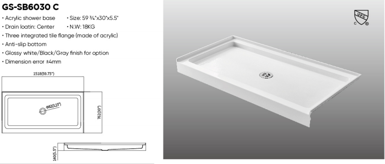 60×30 inch Central Drain Acrylic Shower Base