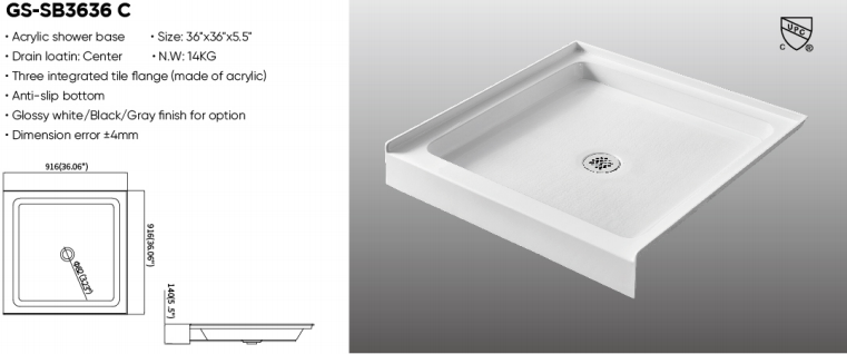 36×36 inch Central Drain Acrylic Shower Base