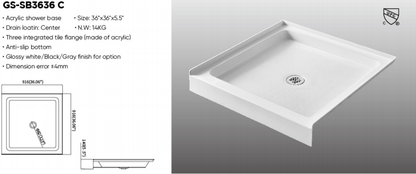 36×36 inch Central Drain Acrylic Shower Base