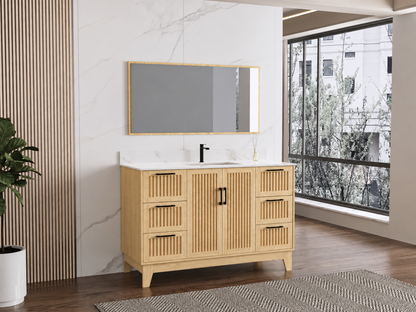 54″ Bathroom Vanity (Fluted Oak Plywood) with Four Drawers / Free Standing Bathroom Cabinet