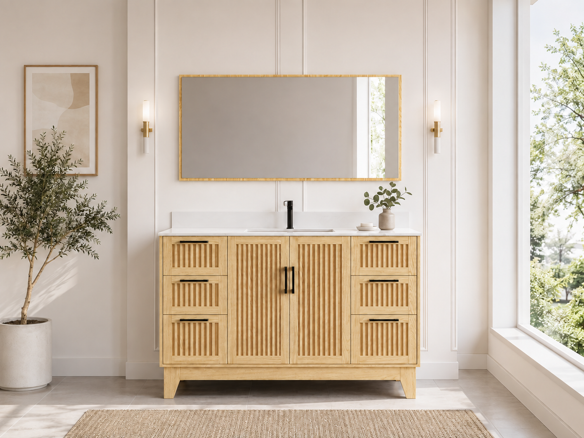 54″ Bathroom Vanity (Fluted Oak Plywood) with Four Drawers / Free Standing Bathroom Cabinet