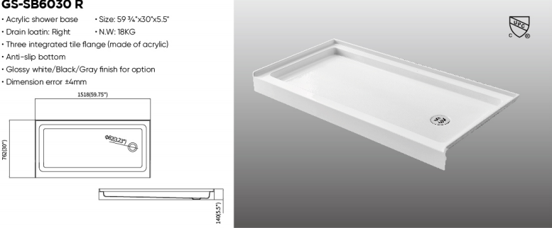 60×30 inch Right Drain Acrylic Shower Base