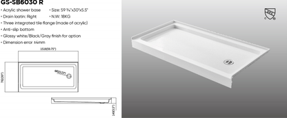 60×30 inch Right Drain Acrylic Shower Base