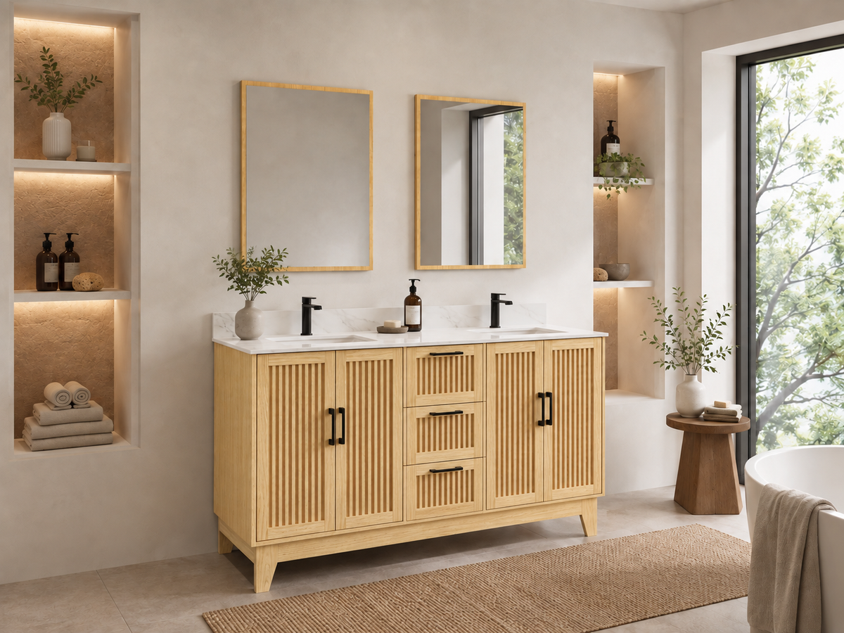 60″ Double Sink Bathroom Vanity (Fluted Oak Plywood) with Two Drawers / Free Standing Bathroom Cabinet
