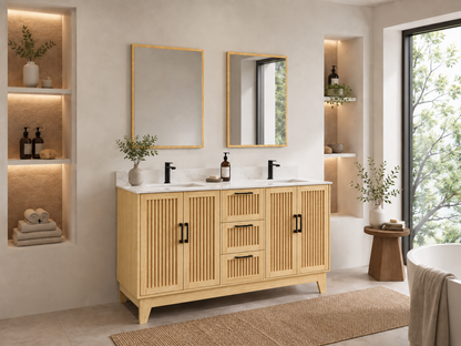 60″ Double Sink Bathroom Vanity (Fluted Oak Plywood) with Two Drawers / Free Standing Bathroom Cabinet