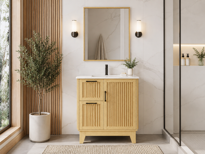 30″ Bathroom Vanity (Fluted Oak Plywood) with Two Drawers / Free Standing Bathroom Cabinet Left/Right