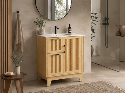 30″ Bathroom Vanity (Fluted Oak Plywood) with Two Drawers / Free Standing Bathroom Cabinet Left/Right