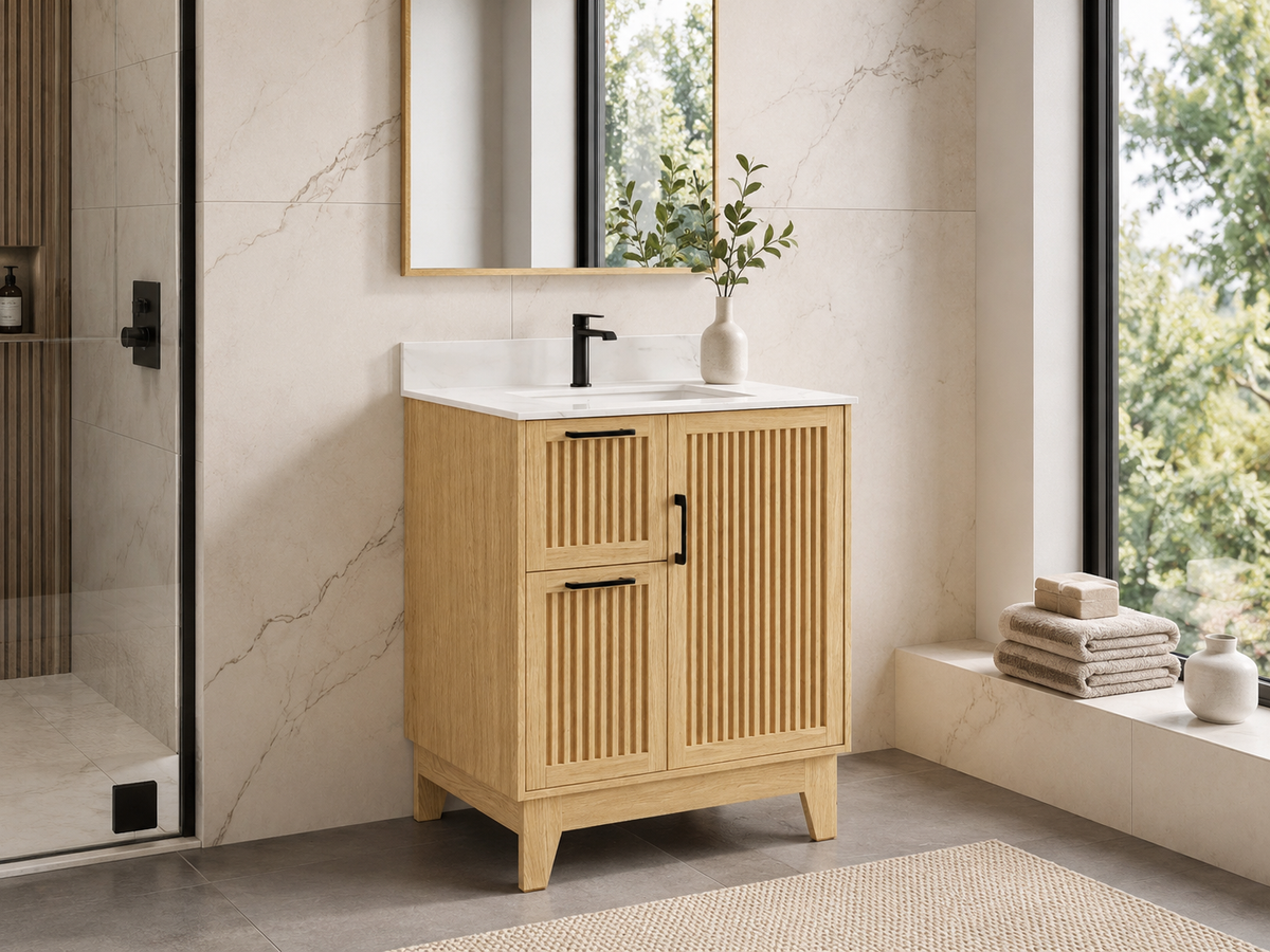 30″ Bathroom Vanity (Fluted Oak Plywood) with Two Drawers / Free Standing Bathroom Cabinet Left/Right