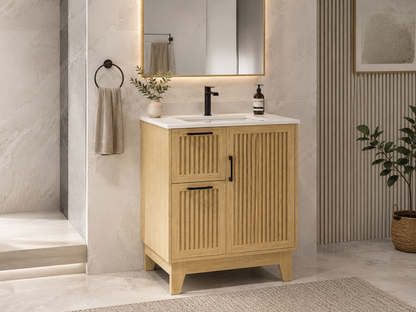30″ Bathroom Vanity (Fluted Oak Plywood) with Two Drawers / Free Standing Bathroom Cabinet Left/Right