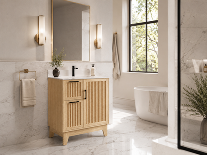 30″ Bathroom Vanity (Fluted Oak Plywood) with Two Drawers / Free Standing Bathroom Cabinet Left/Right
