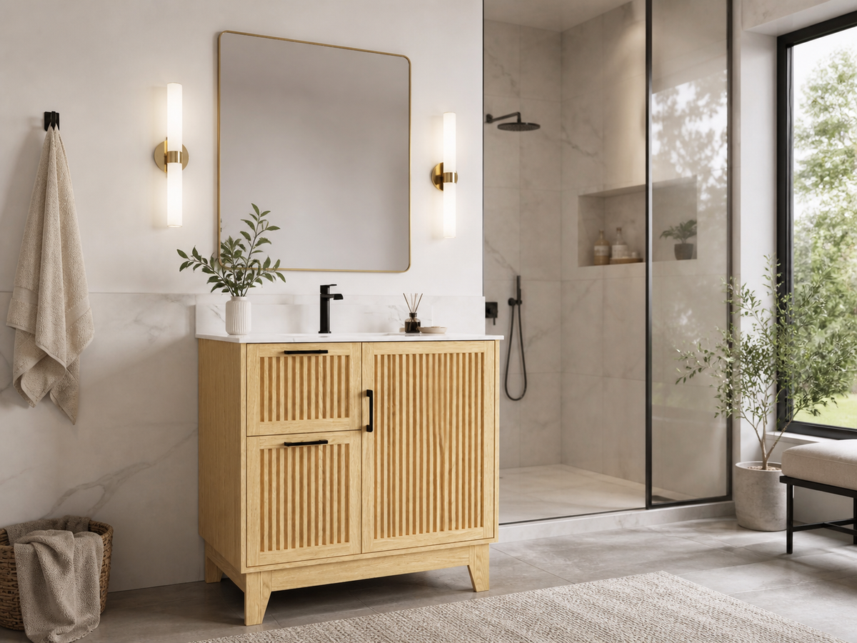 36″ Bathroom Vanity (Fluted Oak Plywood) with Two Drawers / Free Standing Bathroom Cabinet Left/Right