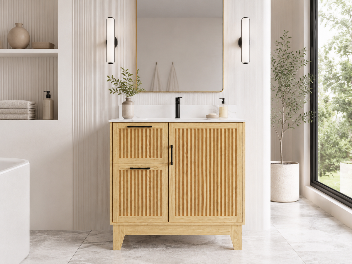 36″ Bathroom Vanity (Fluted Oak Plywood) with Two Drawers / Free Standing Bathroom Cabinet Left/Right