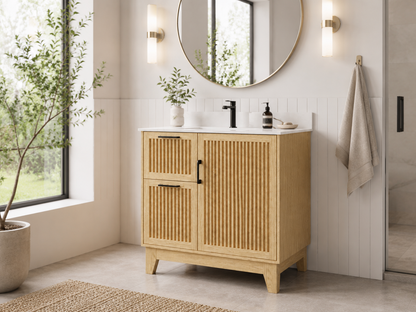 36″ Bathroom Vanity (Fluted Oak Plywood) with Two Drawers / Free Standing Bathroom Cabinet Left/Right