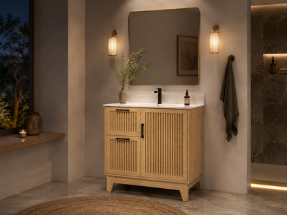 36″ Bathroom Vanity (Fluted Oak Plywood) with Two Drawers / Free Standing Bathroom Cabinet Left/Right