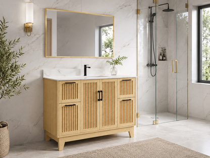 48″ Bathroom Vanity (Fluted Oak Plywood) with Four Drawers / Free Standing Bathroom Cabinet