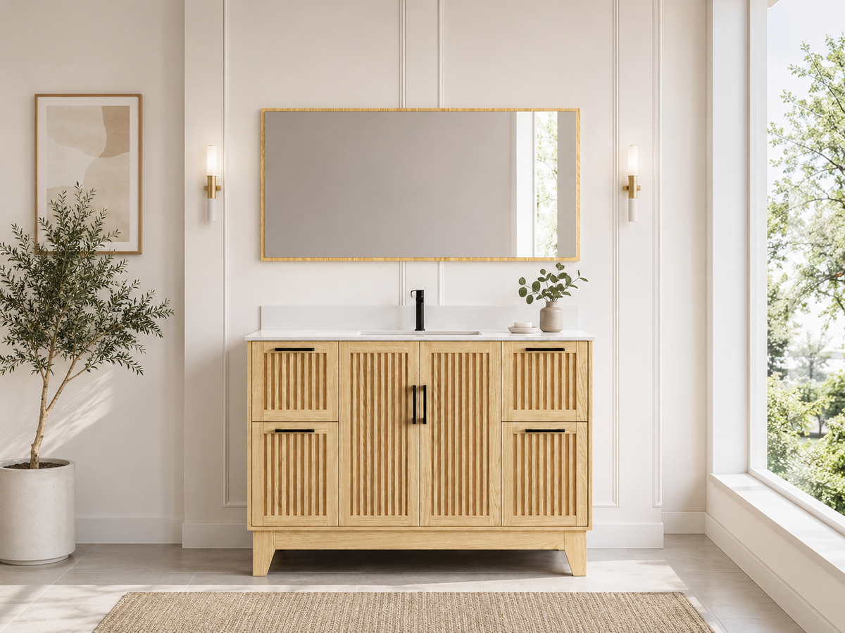 48″ Bathroom Vanity (Fluted Oak Plywood) with Four Drawers / Free Standing Bathroom Cabinet