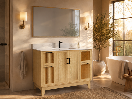 48″ Bathroom Vanity (Fluted Oak Plywood) with Four Drawers / Free Standing Bathroom Cabinet