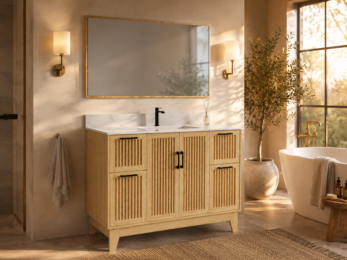 48″ Bathroom Vanity (Fluted Oak Plywood) with Four Drawers / Free Standing Bathroom Cabinet
