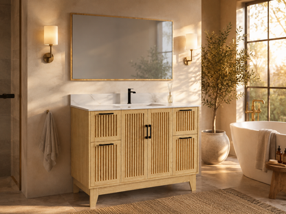 48″ Bathroom Vanity (Fluted Oak Plywood) with Four Drawers / Free Standing Bathroom Cabinet