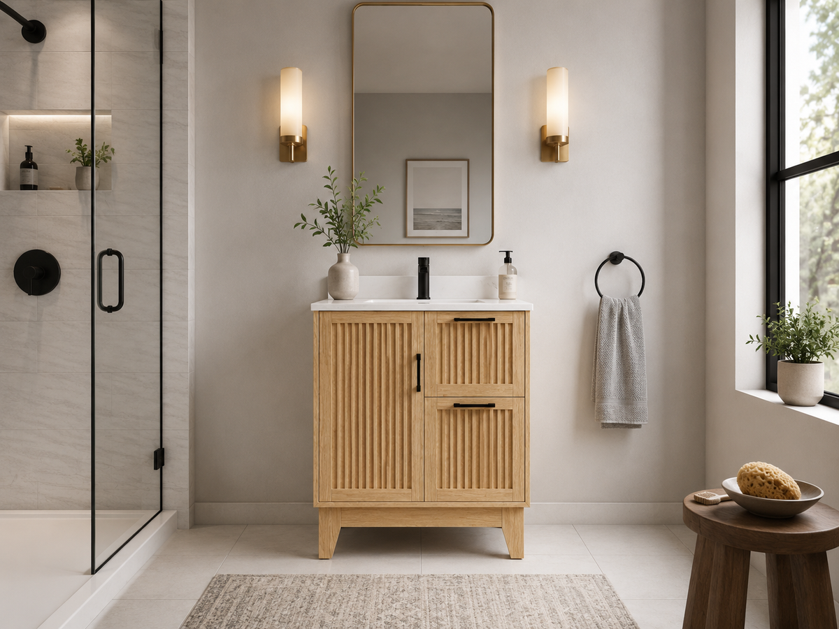 30″ Bathroom Vanity (Fluted Oak Plywood) with Two Drawers / Free Standing Bathroom Cabinet Left/Right