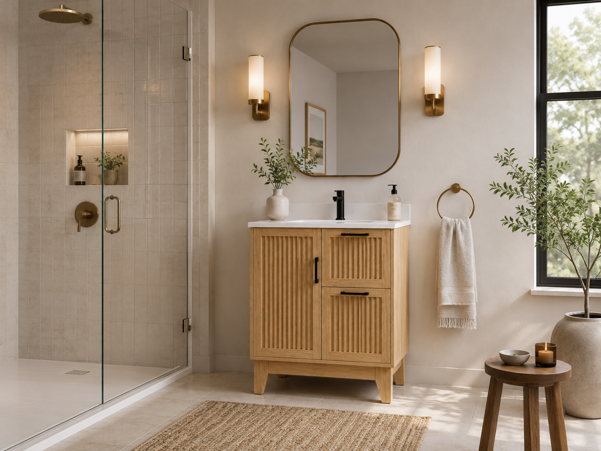 30″ Bathroom Vanity (Fluted Oak Plywood) with Two Drawers / Free Standing Bathroom Cabinet Left/Right