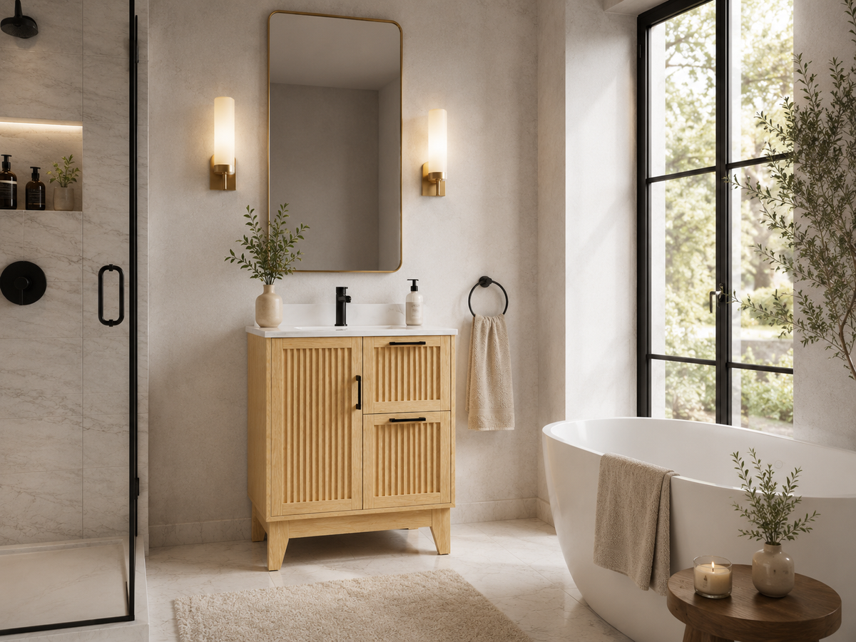 30″ Bathroom Vanity (Fluted Oak Plywood) with Two Drawers / Free Standing Bathroom Cabinet Left/Right