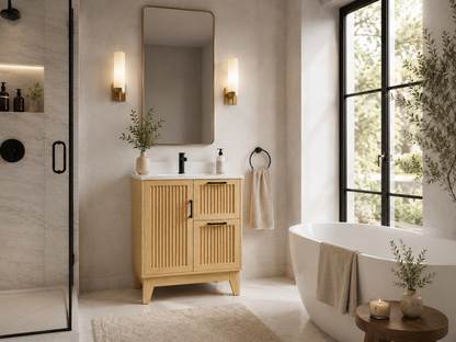 30″ Bathroom Vanity (Fluted Oak Plywood) with Two Drawers / Free Standing Bathroom Cabinet Left/Right