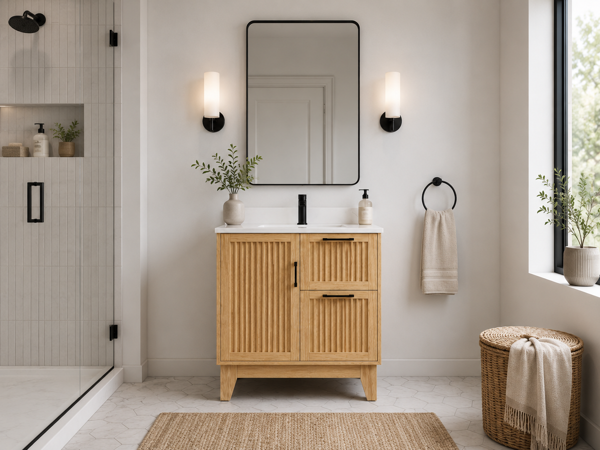 30″ Bathroom Vanity (Fluted Oak Plywood) with Two Drawers / Free Standing Bathroom Cabinet Left/Right