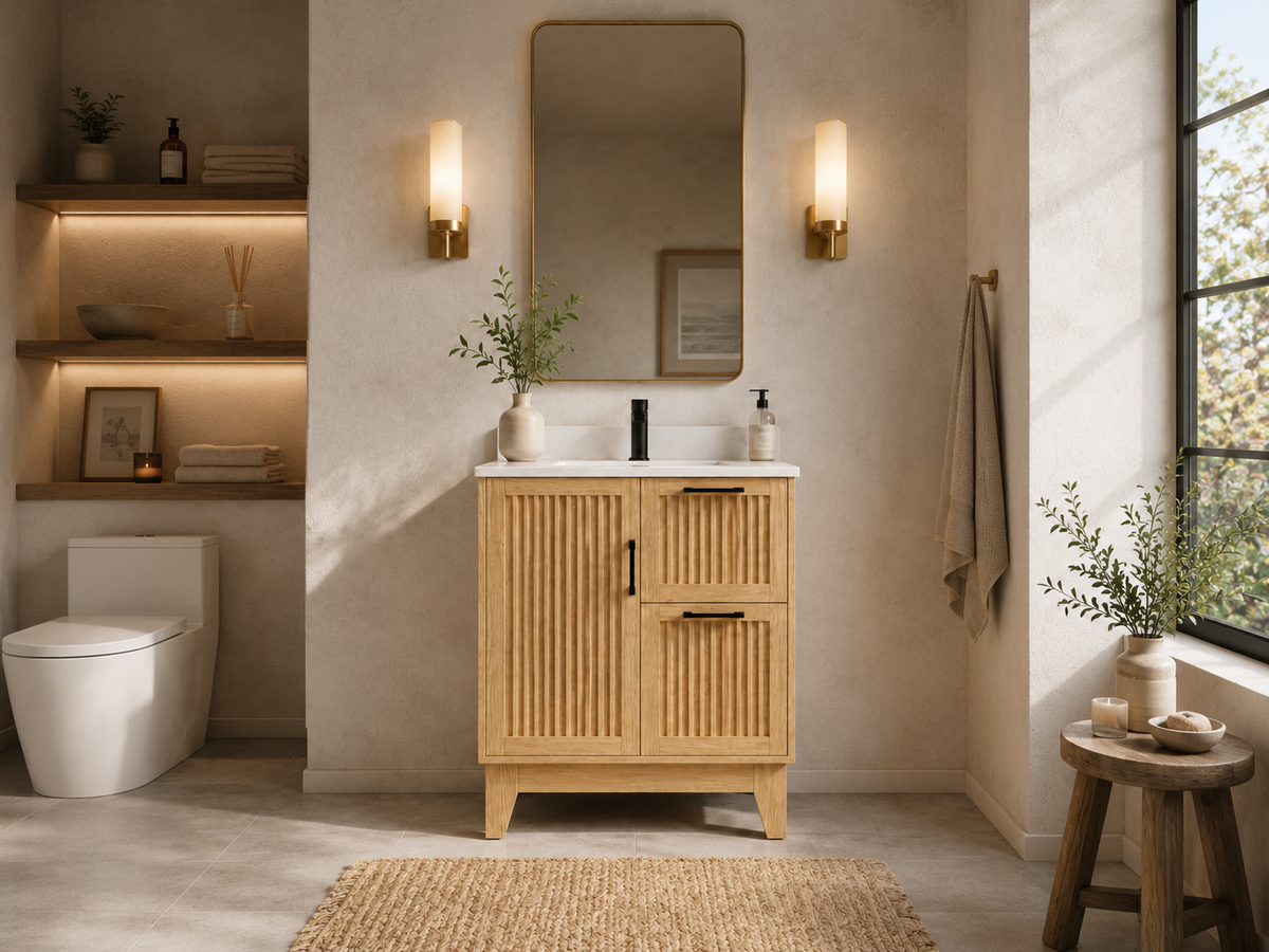 30″ Bathroom Vanity (Fluted Oak Plywood) with Two Drawers / Free Standing Bathroom Cabinet Left/Right