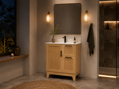 36″ Bathroom Vanity (Fluted Oak Plywood) with Two Drawers / Free Standing Bathroom Cabinet Left/Right