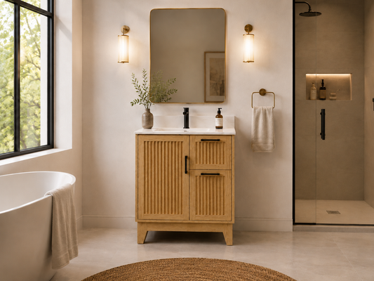 36″ Bathroom Vanity (Fluted Oak Plywood) with Two Drawers / Free Standing Bathroom Cabinet Left/Right