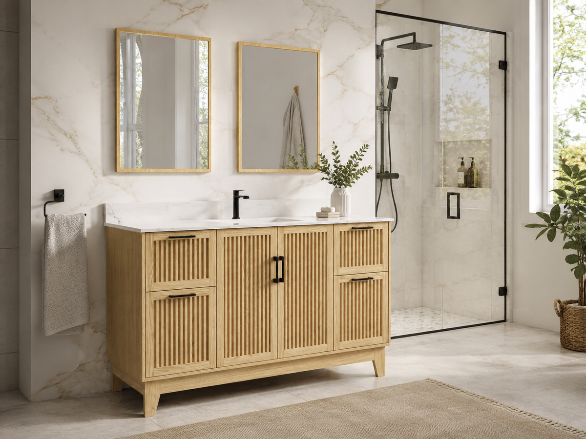 60″ Single Sink Bathroom Vanity (Fluted Oak Plywood) with Four Drawers / Free Standing Bathroom Cabinet